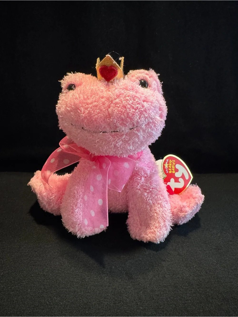 Ty Pink Princess Frog Plush with Crown and Polka-Dot Bow Named “Kissable”
